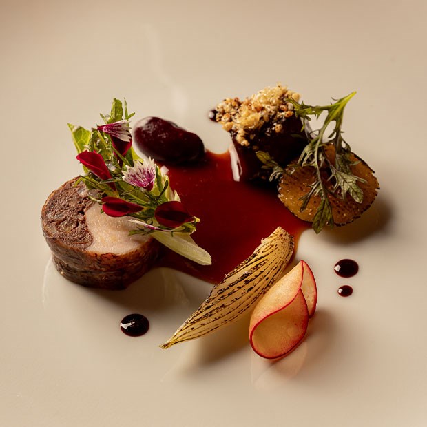 Fine dining dish with a roulade of meat topped with microgreens and edible flowers, served with charred onion, radish slices, vegetables, and a rich red wine jus.