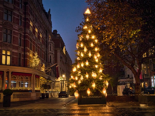 A stunningly illuminated Christmas tree adorned with glowing, diamond-shaped lanterns, standing prominently outside The Connaught hotel at dusk, with its elegant facade and festive decorations enhancing the serene winter evening.