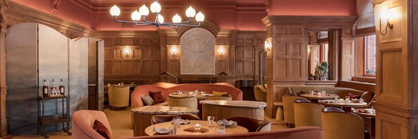 an evening atmosphere, room view of the restaurant with set tables