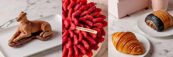 Three images in a row, on the eleft a chocolate connaught hound, in the middle a close up of a cake featuring layers of finely chopped raspberries and purple edible flowers, and a white chocolate label with 'The Connaught' written on it, and the image on the left is a croissant and a trio au chocolat next to a pink take-away Connaught Pattisserie cup.