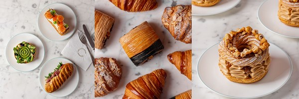 The images in a row: the first of three savoury patiserrie options, the middle a selection of croissants (trio au chocolat, almond and plain), and the image on the right is a Paris brest